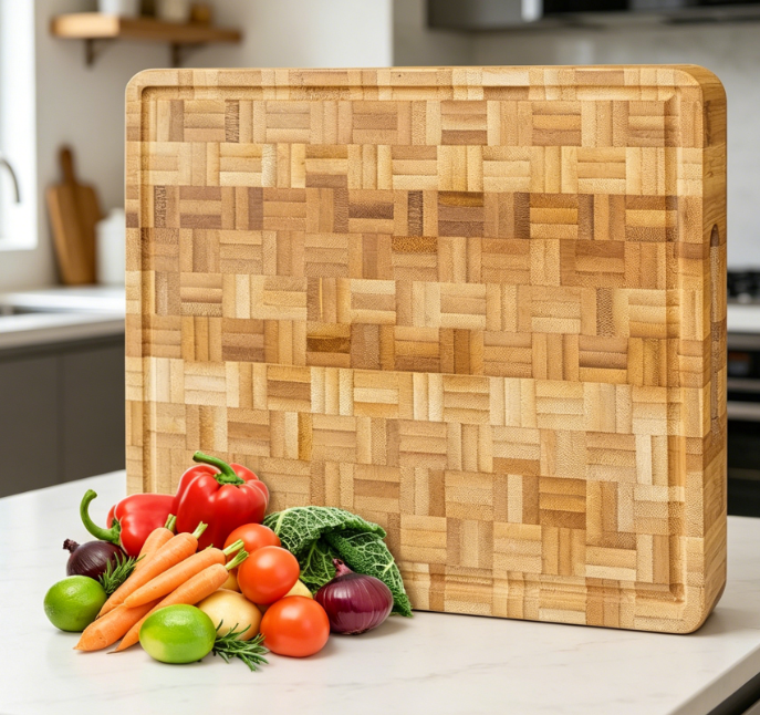 End-Grain Bamboo Cutting Board With Small Non-Slip Rubber Feet