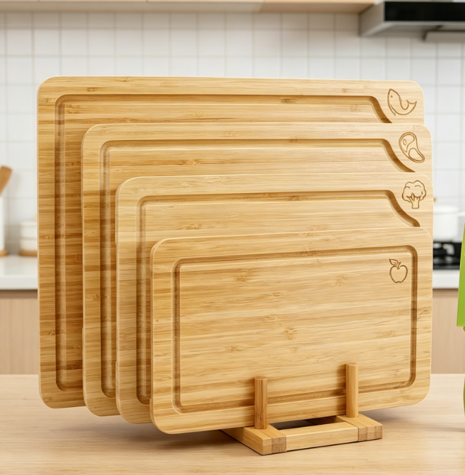 4-Piece Bamboo Non-Slip Cutting Board Set With Food Icons - Image 2