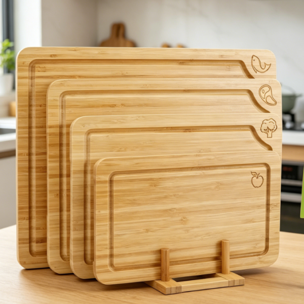 4-Piece Bamboo Non-Slip Cutting Board Set With Food Icons