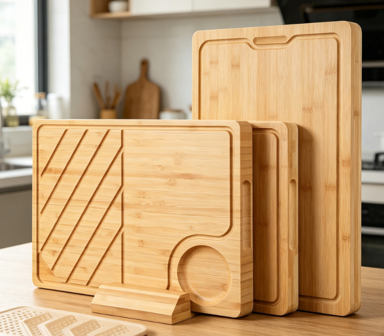4-Piece Bamboo Cutting Board Set With Non-Slip Storage Rack - Image 2