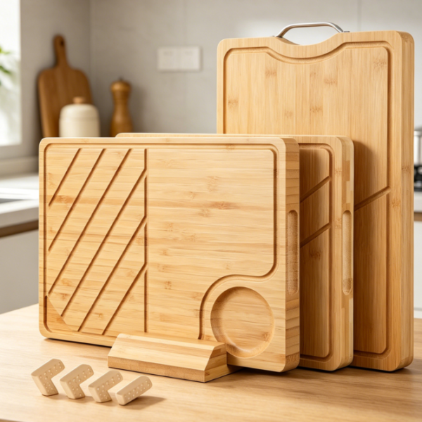 4-Piece Bamboo Cutting Board Set With Non-Slip Storage Rack