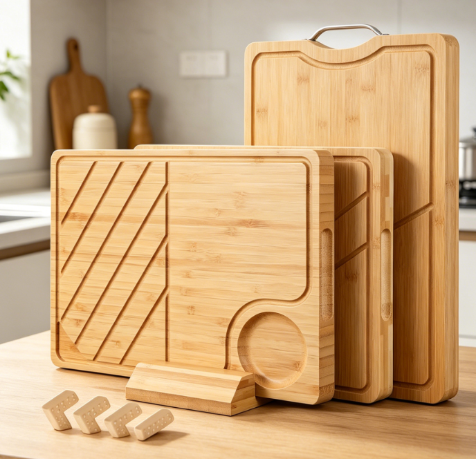 4-Piece Bamboo Cutting Board Set With Non-Slip Storage Rack