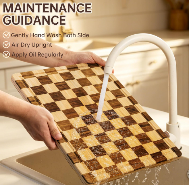 Checkered Thickened Bamboo Cutting Board With Juice Groove - Image 2
