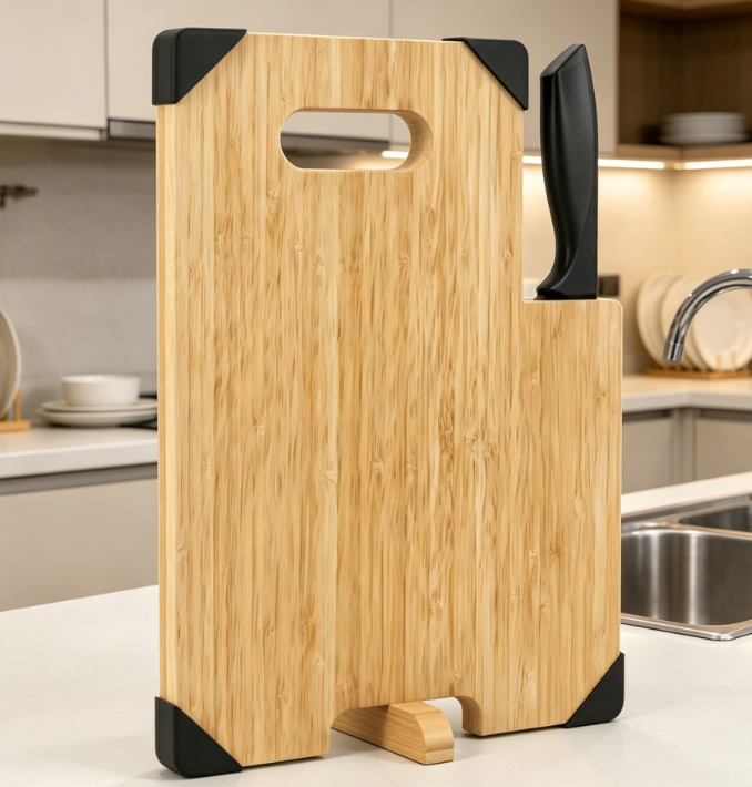 Bamboo Cutting Board With Knife Storage And Non-Slip Design